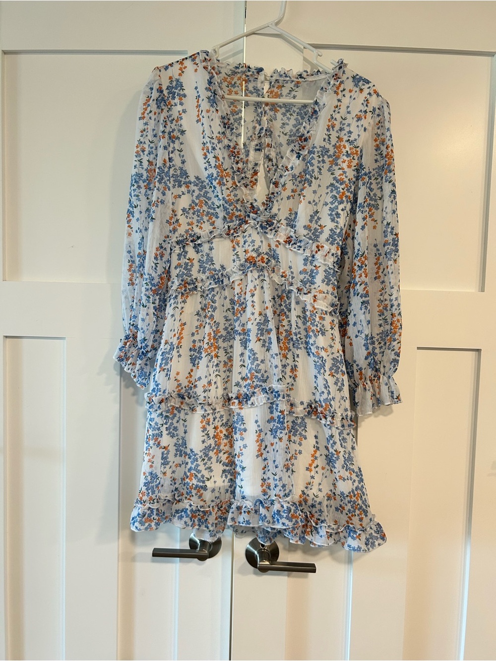Tiered Floral Mini Dress in White with Blue & Orange Flowers